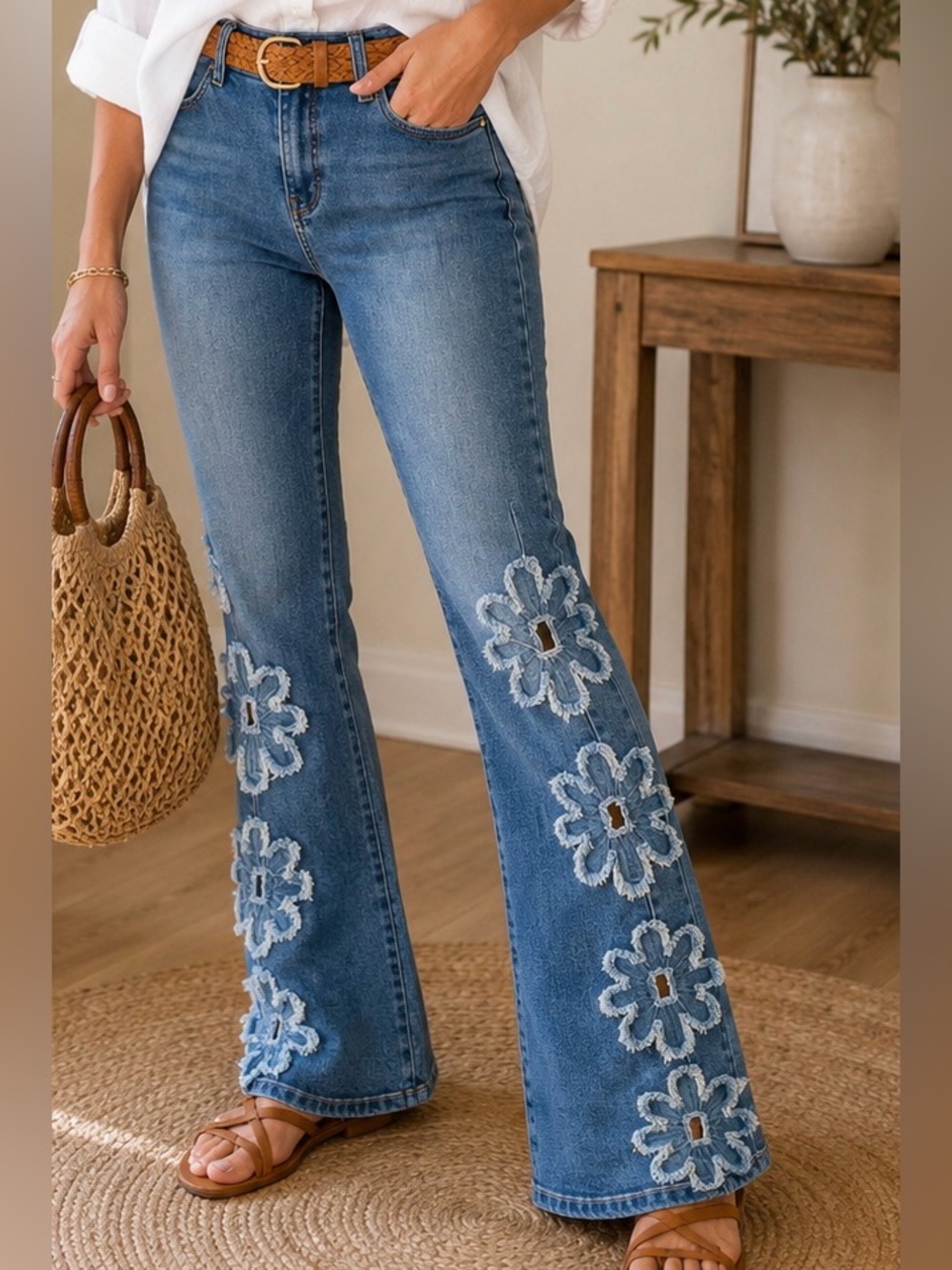 Boho Denim Flower Appliqué Jeans Size 13